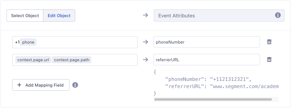 Mapping UI showing two concatenated fields: "+1 phone" and "context.page.url context.page.path"